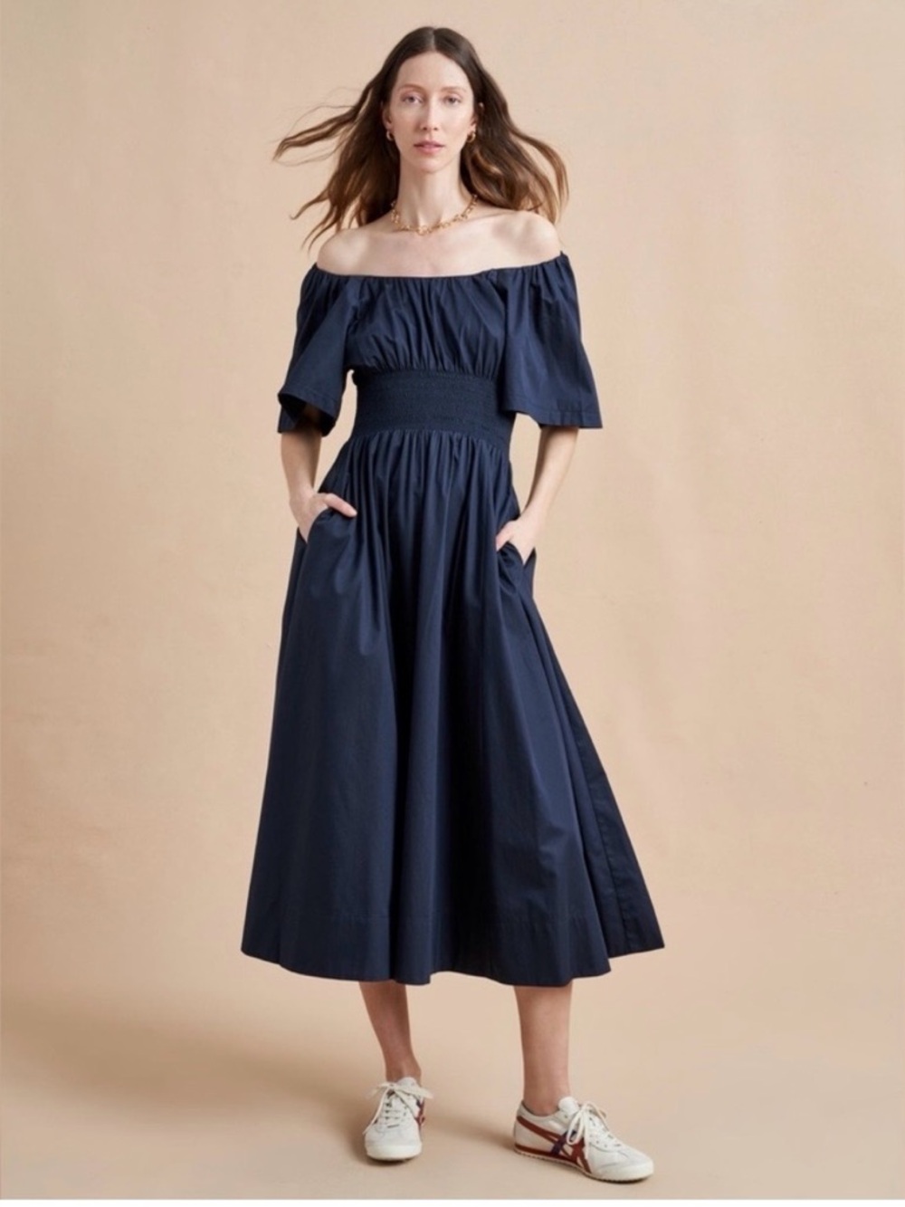 La Ligne Claire Navy Midi Dress with Smocked Waist size XS